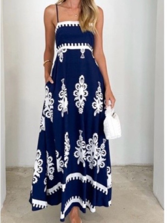 Skymallboutique Dresses & Skirts - NWT Navy and White Embroidered Spaghetti-Strap Maxi Dress